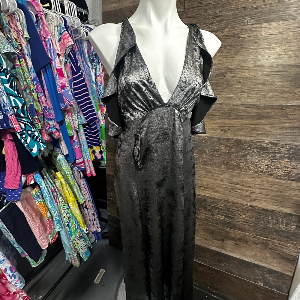 Topshop Nordstrom Silver Ruffled Maxi Gown Plunge Neckline